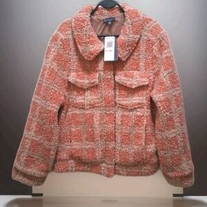 New With Tags Democracy Plaid Sherpa Cropped Coral & Cream Jacket Women's 2X